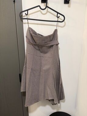 DKNY Asymmetrical Hem Glen Plaid Skirt in Taupe and Cream